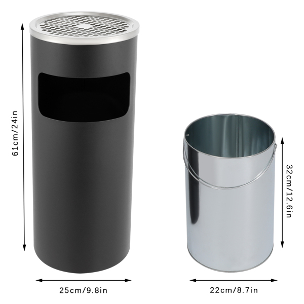 Cenicero de pie de 30 L con cubo de basura, de acero inoxidable, negro Cenicero de pie de 30 L con cubo de basura, de acero inoxidable, negro