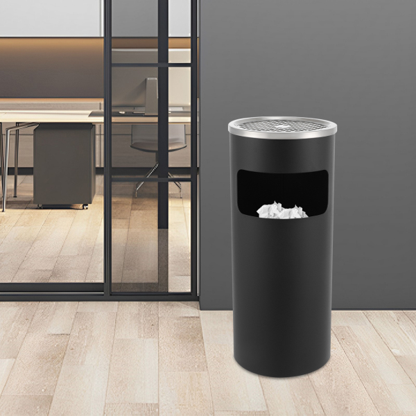 Cenicero de pie de 30 L con cubo de basura, de acero inoxidable, negro