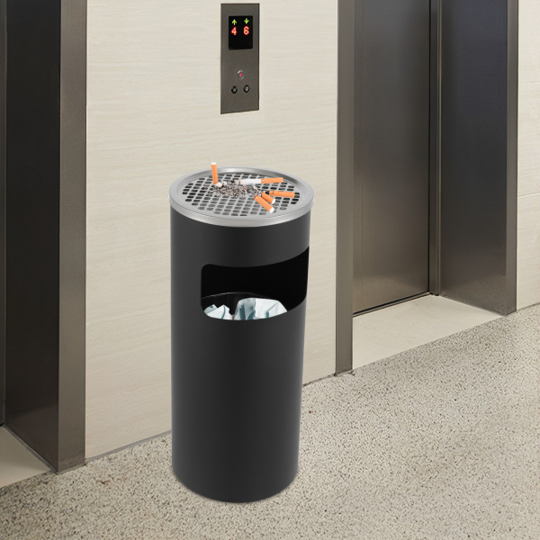 Cenicero de pie de 30 L con cubo de basura, de acero inoxidable, negro