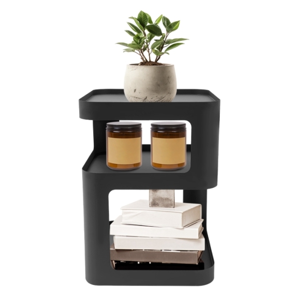 Mesa auxiliar moderna, mesa auxiliar de tres niveles, mueble de noche estilo crema, 40 x 40 x 55 cm, negro mate