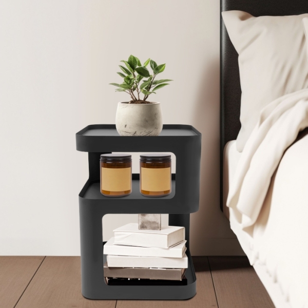 Mesa auxiliar moderna, mesa auxiliar de tres niveles, mueble de noche estilo crema, 40 x 40 x 55 cm, negro mate