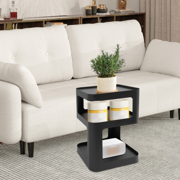 Mesa auxiliar moderna, mesa auxiliar de tres niveles, mueble de noche estilo crema, 40 x 40 x 55 cm, negro mate