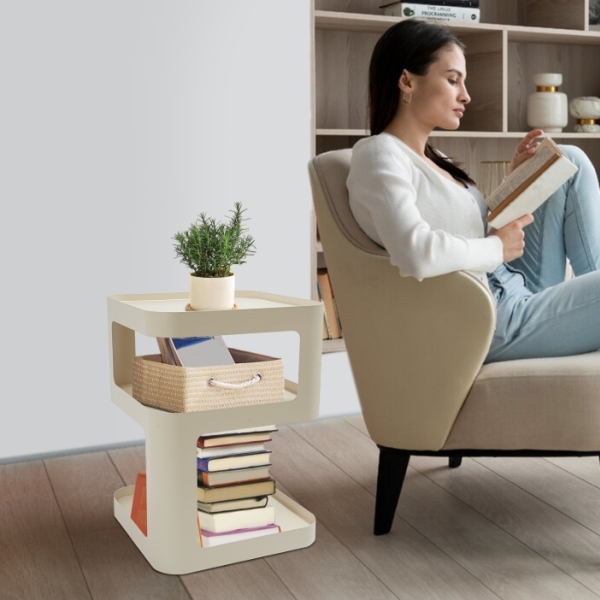 Mesa auxiliar moderna de tres niveles con espacio de almacenamiento en color crema, 40 x 40 x 55 cm - Blanco crema
