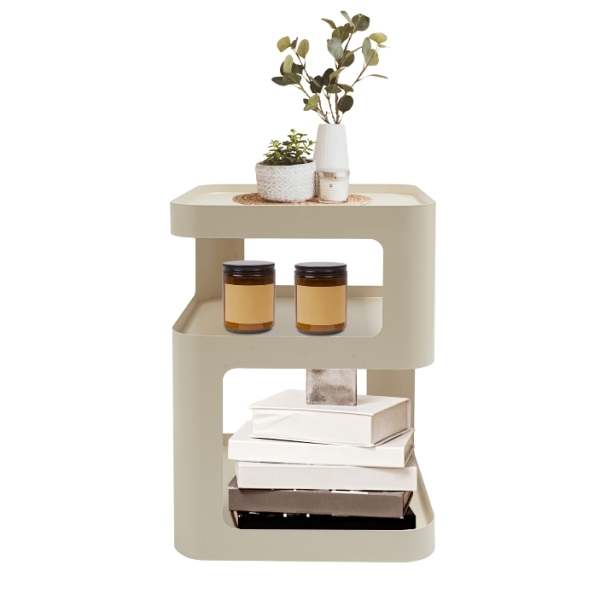 Mesa auxiliar moderna de tres niveles con espacio de almacenamiento en color crema, 40 x 40 x 55 cm - Blanco crema