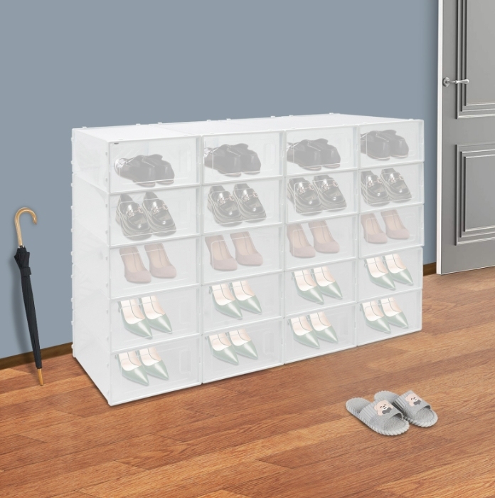 Marco apilable de dos extremos para 20 cajas de zapatos, puerta transparente, diseño hueco - blanco