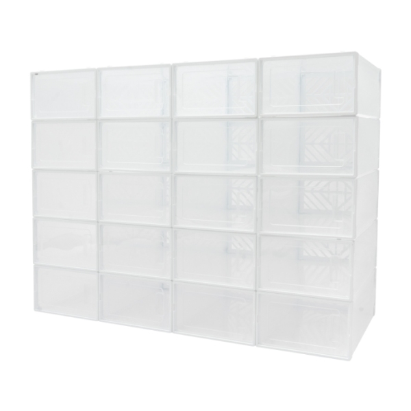 Marco apilable de dos extremos para 20 cajas de zapatos, puerta transparente, diseño hueco - blanco Marco apilable de dos extremos para 20 cajas de zapatos, puerta transparente, diseño hueco - blanco