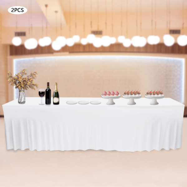 2 PCS 8ft Poliéster falda de mesa ajustado mantel elástico, de una sola pieza libre de arrugas diseño de volantes Blanco