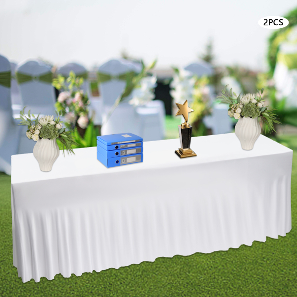 2 PCS 8ft Poliéster falda de mesa ajustado mantel elástico, de una sola pieza libre de arrugas diseño de volantes Blanco 2 PCS 8ft Poliéster falda de mesa ajustado mantel elástico, de una sola pieza libre de arrugas diseño de volantes Blanco