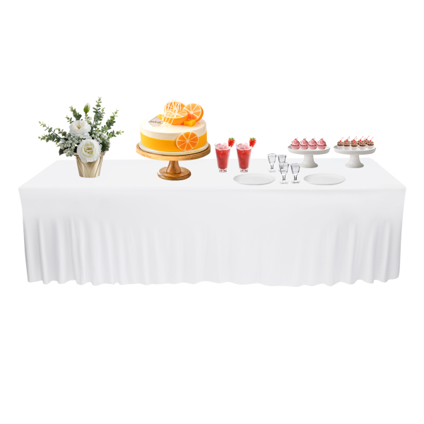 2 PCS 8ft Poliéster falda de mesa ajustado mantel elástico, de una sola pieza libre de arrugas diseño de volantes Blanco 2 PCS 8ft Poliéster falda de mesa ajustado mantel elástico, de una sola pieza libre de arrugas diseño de volantes Blanco