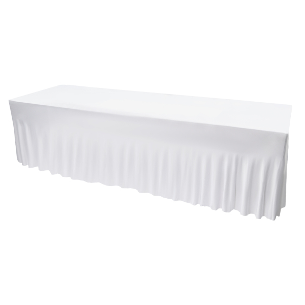 2 PCS 8ft Poliéster falda de mesa ajustado mantel elástico, de una sola pieza libre de arrugas diseño de volantes Blanco