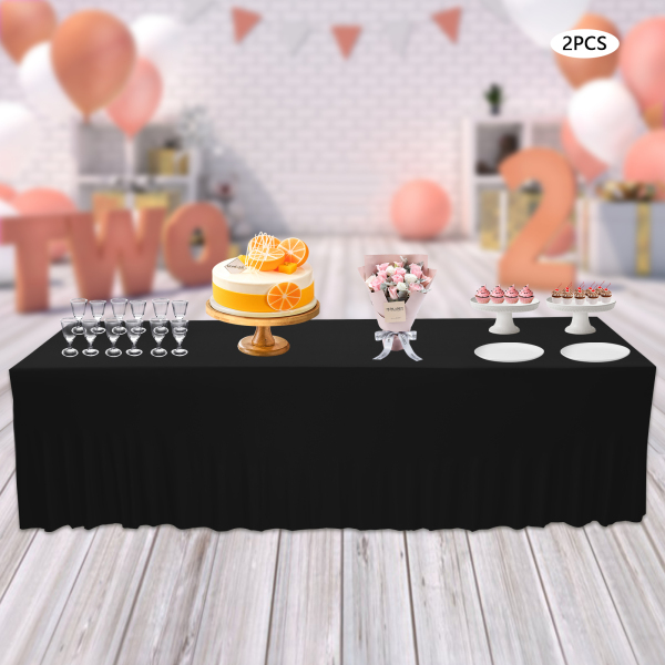 2-Pack 8 pies de poliéster falda de mesa ajustado, blanco mantel elástico, de una sola pieza sin arrugas, diseño de volantes