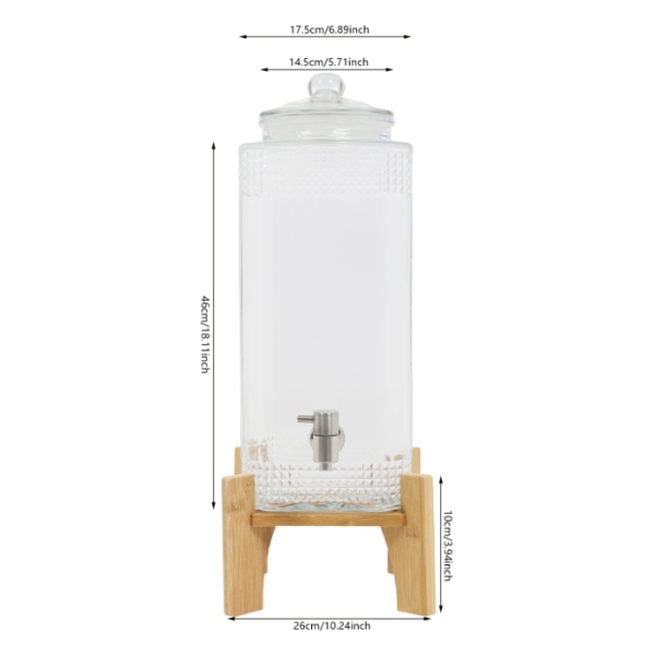 Dispensador de zumos con base de madera, capacidad para 20 bebidas, con grifo y tapa de cristal.