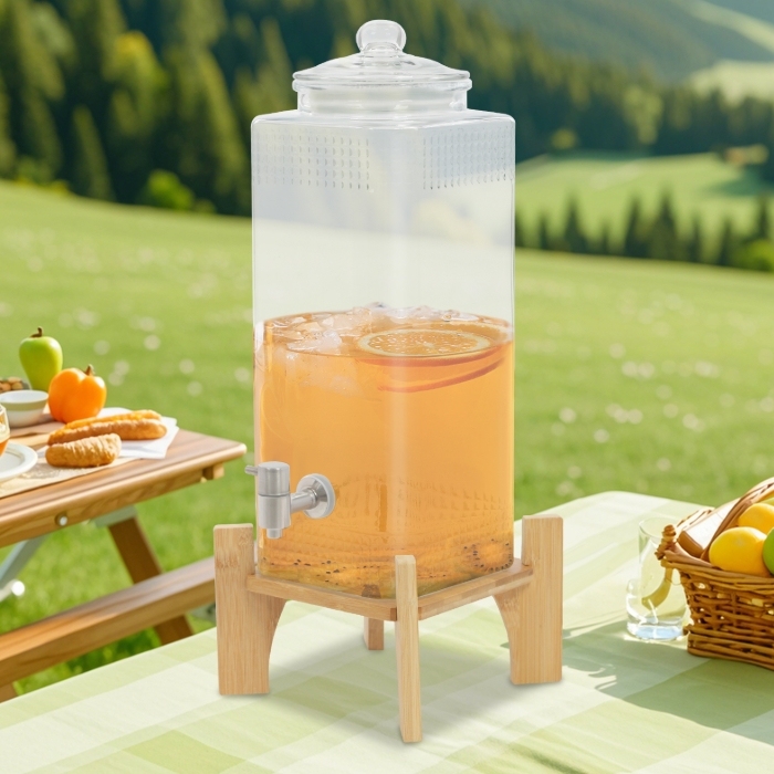 Dispensador de zumos con base de madera, capacidad para 20 bebidas, con grifo y tapa de cristal.