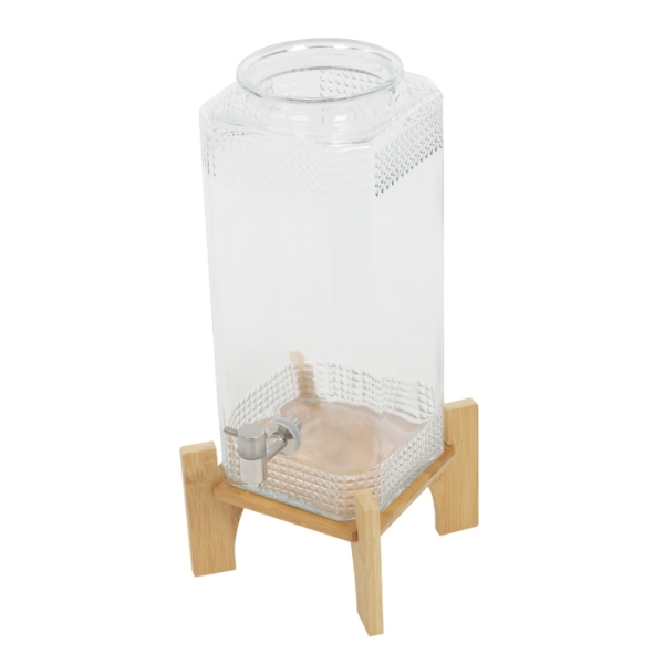 Dispensador de zumos con base de madera, capacidad para 20 bebidas, con grifo y tapa de cristal.