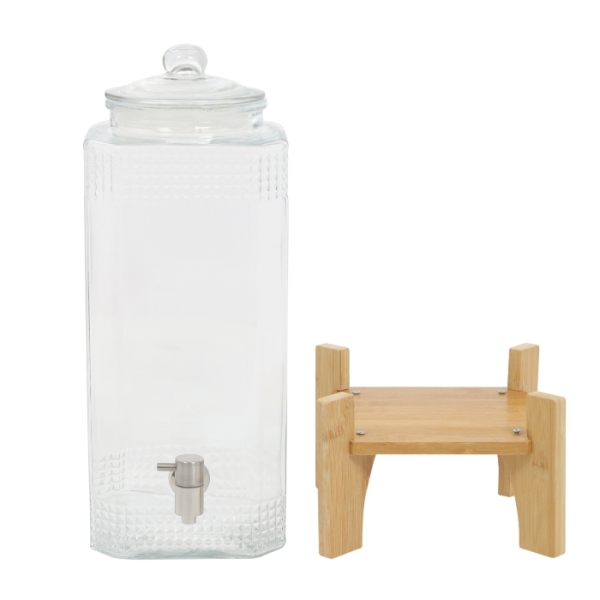 Dispensador de zumos con base de madera, capacidad para 20 bebidas, con grifo y tapa de cristal.