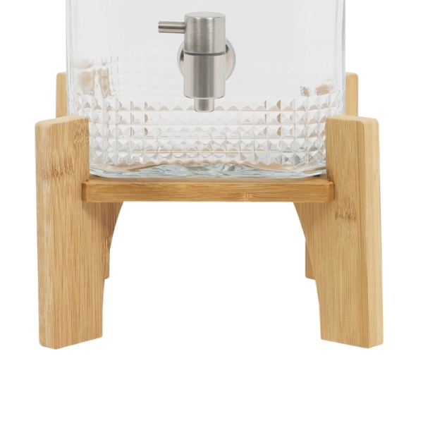 Dispensador de zumos con base de madera, capacidad para 20 bebidas, con grifo y tapa de cristal.