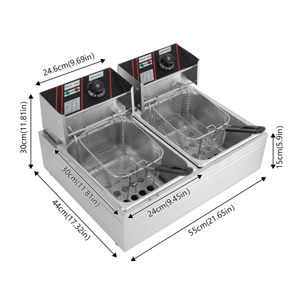 Freidora eléctrica de acero inoxidable de calidad de 5000 W, 6L+6L con cesta y tapa (para patatas fritas, pollo asado) Potencia trifásica