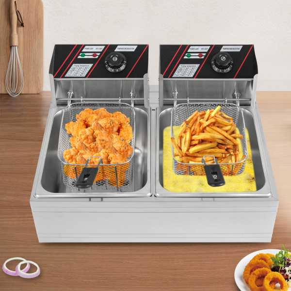 Freidora eléctrica de acero inoxidable de calidad de 5000 W, 6L+6L con cesta y tapa (para patatas fritas, pollo asado) Potencia trifásica