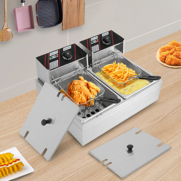 Freidora eléctrica de acero inoxidable de calidad de 5000 W, 6L+6L con cesta y tapa (para patatas fritas, pollo asado) Potencia trifásica Freidora eléctrica de acero inoxidable de calidad de 5000 W, 6L+6L con cesta y tapa (para patatas fritas, pollo asado) Potencia trifásica