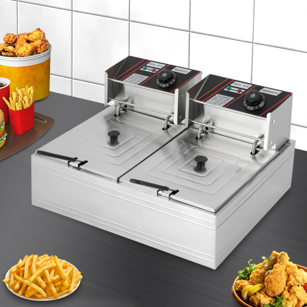 Freidora eléctrica de acero inoxidable de calidad de 5000 W, 6L+6L con cesta y tapa (para patatas fritas, pollo asado) Potencia trifásica Freidora eléctrica de acero inoxidable de calidad de 5000 W, 6L+6L con cesta y tapa (para patatas fritas, pollo asado) Potencia trifásica