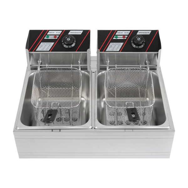 Freidora eléctrica de acero inoxidable de calidad de 5000 W, 6L+6L con cesta y tapa (para patatas fritas, pollo asado) Potencia trifásica