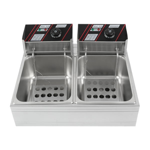 Freidora eléctrica de acero inoxidable de calidad de 5000 W, 6L+6L con cesta y tapa (para patatas fritas, pollo asado) Potencia trifásica