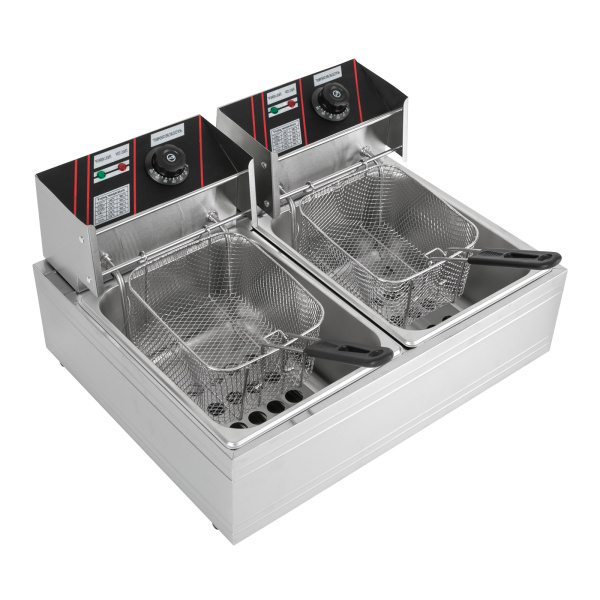 Freidora eléctrica de acero inoxidable de calidad de 5000 W, 6L+6L con cesta y tapa (para patatas fritas, pollo asado) Potencia trifásica