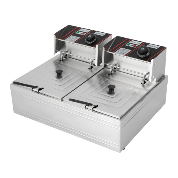 Freidora eléctrica de acero inoxidable de calidad de 5000 W, 6L+6L con cesta y tapa (para patatas fritas, pollo asado) Potencia trifásica