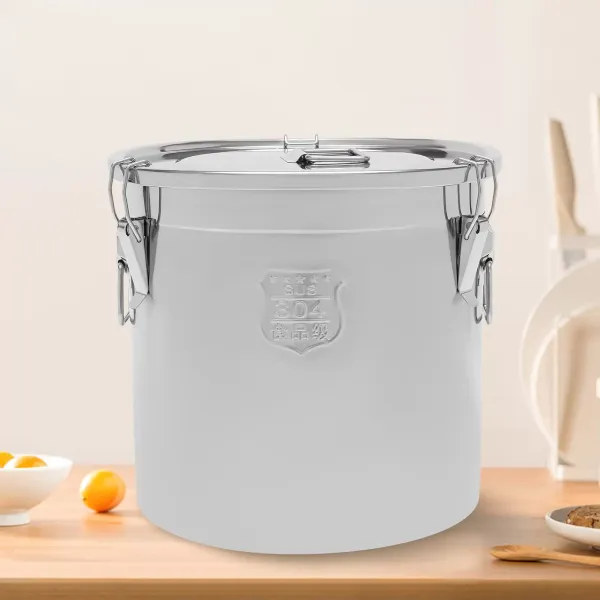 Cubo con tapa y abrazadera de bloqueo hermético para alimentos, de acero inoxidable para cocina 33L, recipiente para almacenar alimentos secos/húmedos