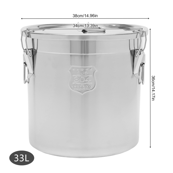 Cubo con tapa y abrazadera de bloqueo hermético para alimentos, de acero inoxidable para cocina 33L, recipiente para almacenar alimentos secos/húmedos Cubo con tapa y abrazadera de bloqueo hermético para alimentos, de acero inoxidable para cocina 33L, recipiente para almacenar alimentos secos/húmedos