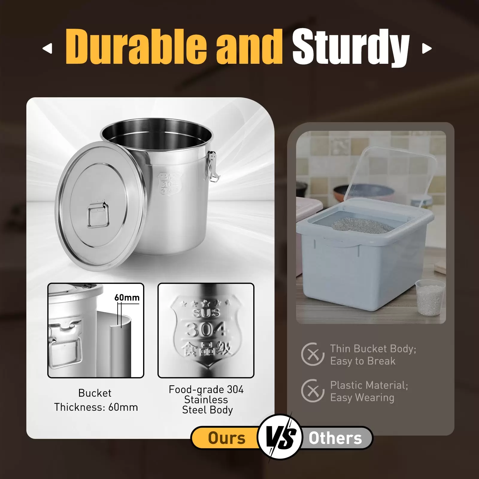 Cubo con tapa y abrazadera de bloqueo hermético para alimentos, de acero inoxidable para cocina 33L, recipiente para almacenar alimentos secos/húmedos