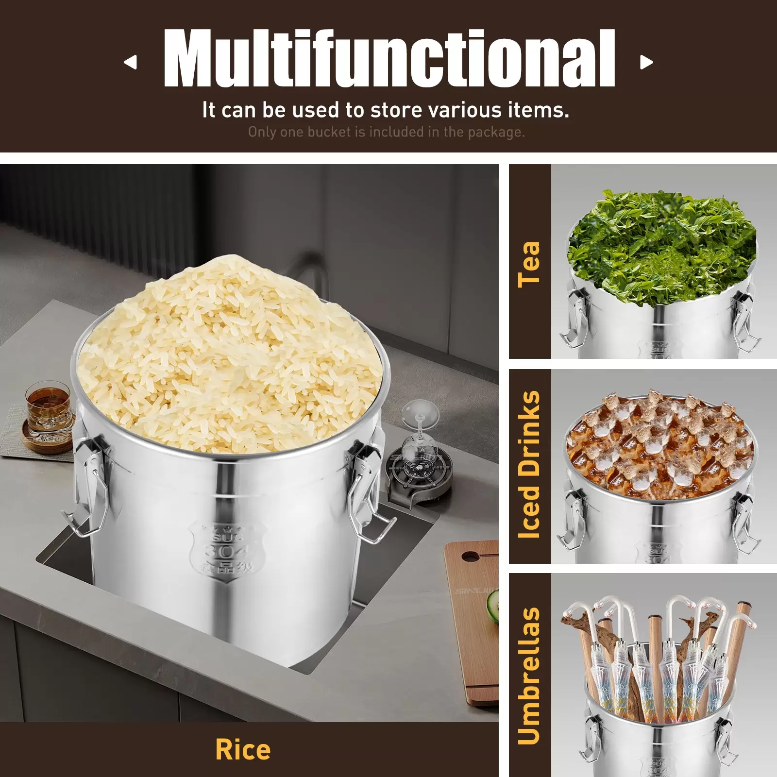 Cubo con tapa y abrazadera de bloqueo hermético para alimentos, de acero inoxidable para cocina 33L, recipiente para almacenar alimentos secos/húmedos