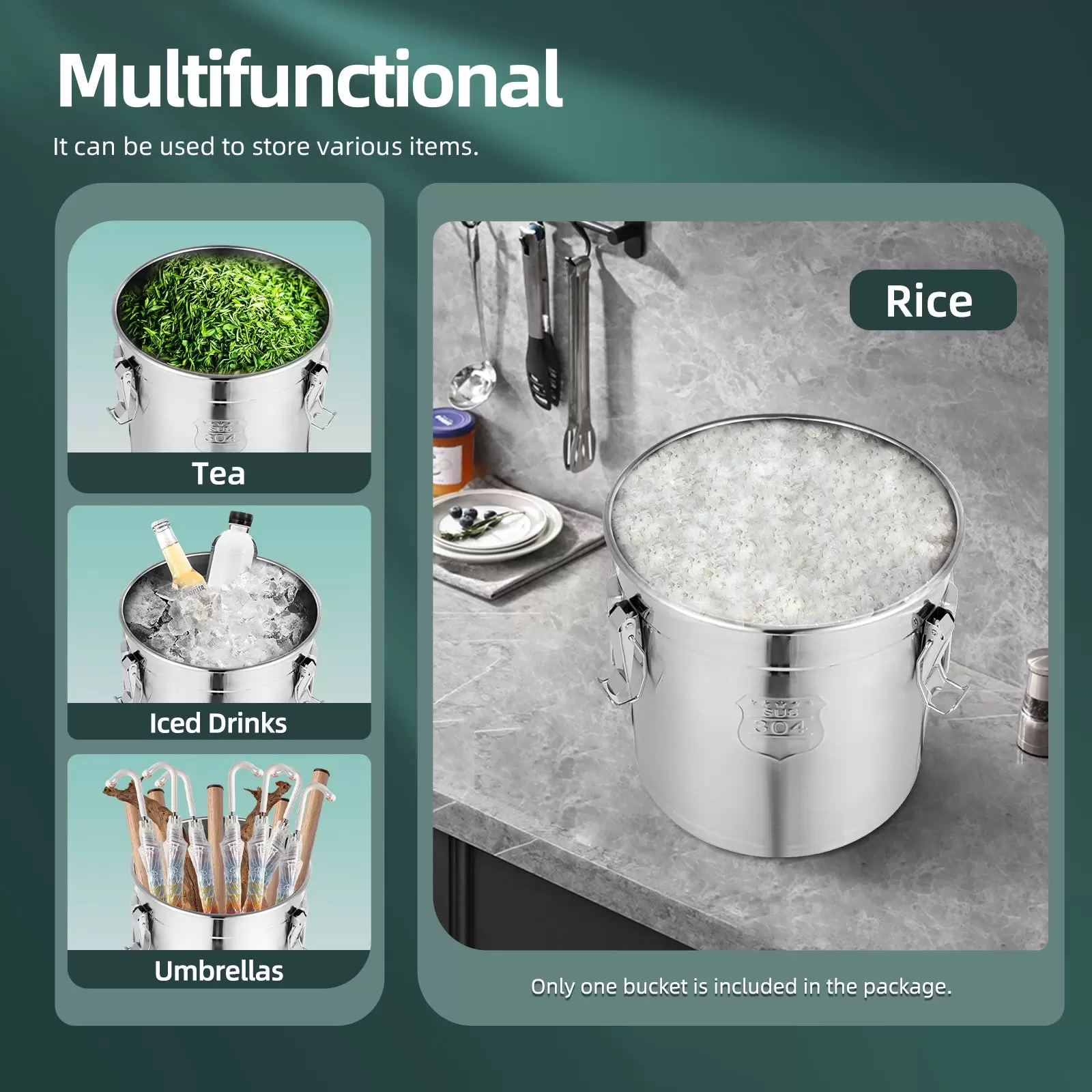 Bidón hermético para alimentos, cocina, granos, recipiente para cereales, recipiente para cocina, acero inoxidable, cubo de harina con tapa (21 l)
