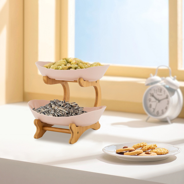 Frutero de 2 pisos, soporte para cestas de fruta, bandeja para servir fruta, 14.8*22.5*21.5cm, Beige