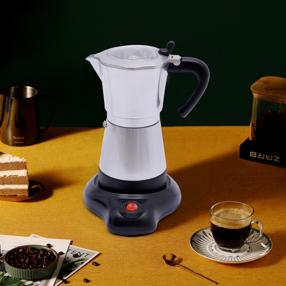 Cafetera espresso eléctrica con base, para 6 tazas de espresso, 300 ml, 480 vatios, aleación de aluminio, plata