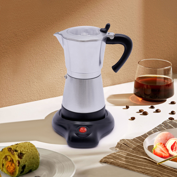 Cafetera espresso eléctrica con base, para 6 tazas de espresso, 300 ml, 480 vatios, aleación de aluminio, plata Cafetera espresso eléctrica con base, para 6 tazas de espresso, 300 ml, 480 vatios, aleación de aluminio, plata