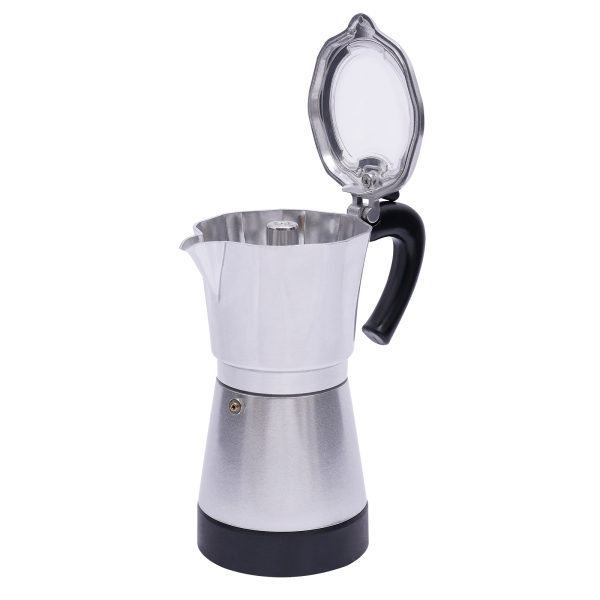 Cafetera espresso eléctrica con base, para 6 tazas de espresso, 300 ml, 480 vatios, aleación de aluminio, plata