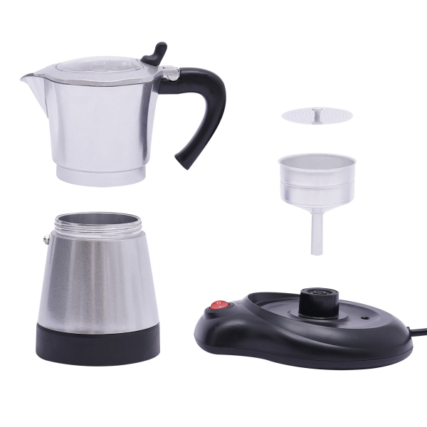 Cafetera espresso eléctrica con base, para 6 tazas de espresso, 300 ml, 480 vatios, aleación de aluminio, plata