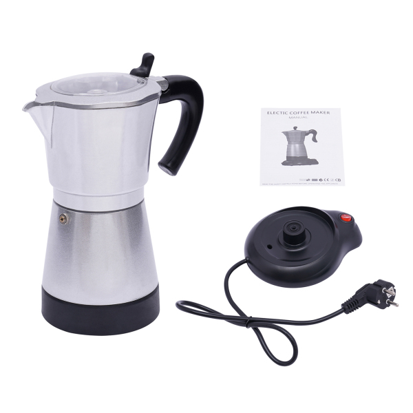 Cafetera espresso eléctrica con base, para 6 tazas de espresso, 300 ml, 480 vatios, aleación de aluminio, plata