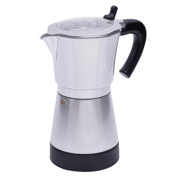 Cafetera espresso eléctrica con base, para 6 tazas de espresso, 300 ml, 480 vatios, aleación de aluminio, plata