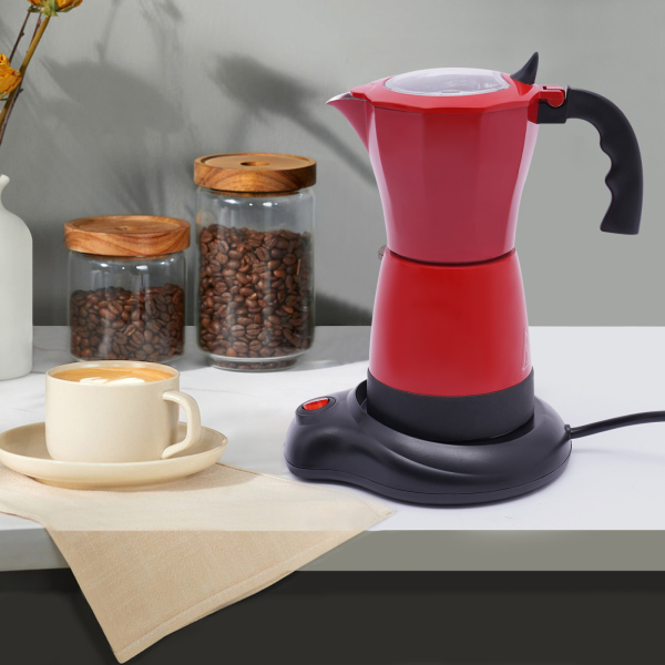 Cafetera espresso eléctrica con base para 6 tazas de espresso: 300 ml, 480 W, aluminio, rojo