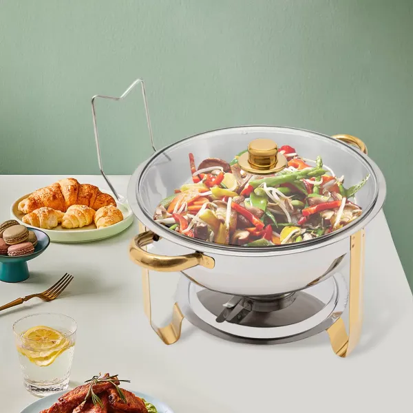 Estufa de comedor redonda dorada de 5 litros (se puede colgar la tapa de cristal) Juego de buffet redondo para frotar de acero inoxidable Estufa de comedor redonda dorada de 5 litros (se puede colgar la tapa de cristal) Juego de buffet redondo para frotar de acero inoxidable