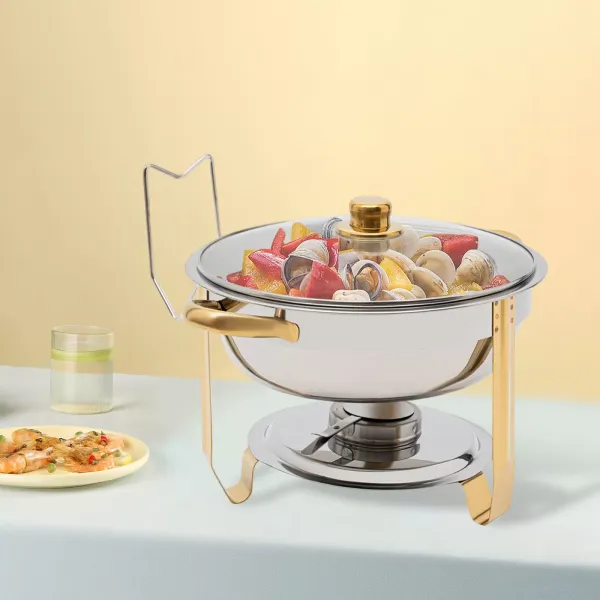 Estufa de comedor redonda dorada de 5 litros (se puede colgar la tapa de cristal) Juego de buffet redondo para frotar de acero inoxidable