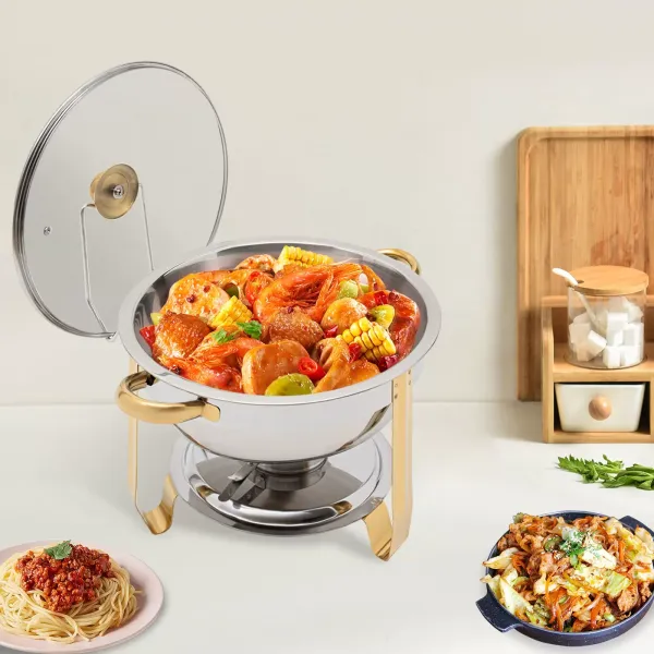 Estufa de comedor redonda dorada de 5 litros (se puede colgar la tapa de cristal) Juego de buffet redondo para frotar de acero inoxidable Estufa de comedor redonda dorada de 5 litros (se puede colgar la tapa de cristal) Juego de buffet redondo para frotar de acero inoxidable