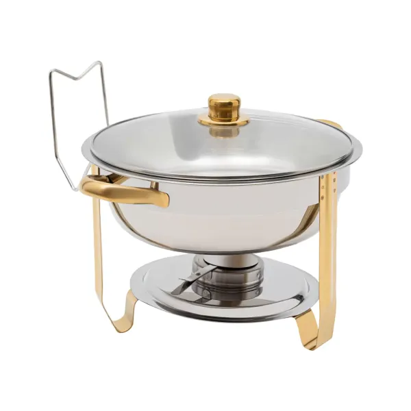Estufa de comedor redonda dorada de 5 litros (se puede colgar la tapa de cristal) Juego de buffet redondo para frotar de acero inoxidable