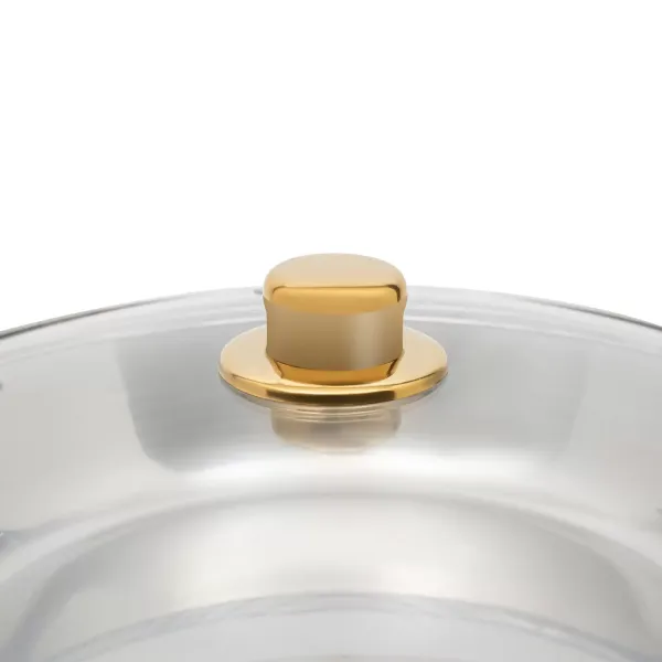 Estufa de comedor redonda dorada de 5 litros (se puede colgar la tapa de cristal) Juego de buffet redondo para frotar de acero inoxidable Estufa de comedor redonda dorada de 5 litros (se puede colgar la tapa de cristal) Juego de buffet redondo para frotar de acero inoxidable