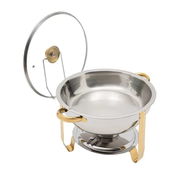 Estufa de comedor redonda dorada de 5 litros (se puede colgar la tapa de cristal) Juego de buffet redondo para frotar de acero inoxidable