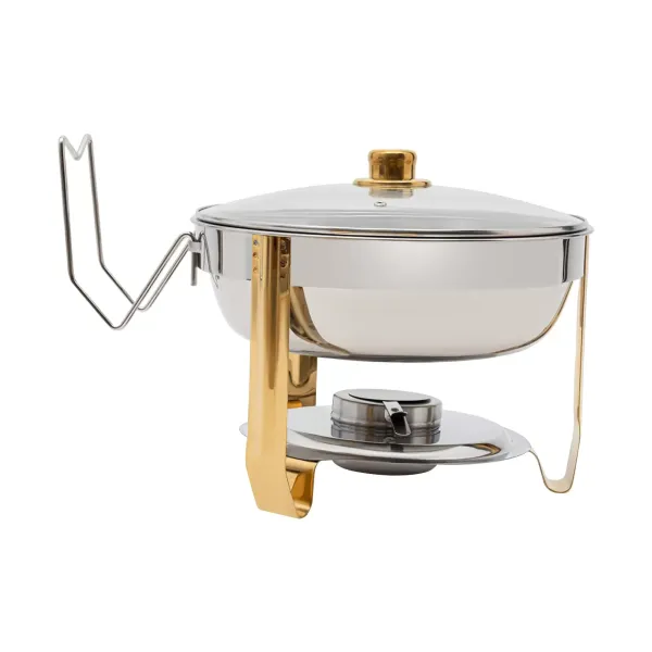 Estufa de comedor redonda dorada de 5 litros (se puede colgar la tapa de cristal) Juego de buffet redondo para frotar de acero inoxidable