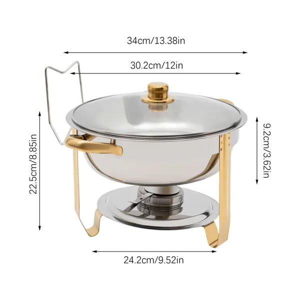 Estufa de comedor redonda dorada de 5 litros (se puede colgar la tapa de cristal) Juego de buffet redondo para frotar de acero inoxidable