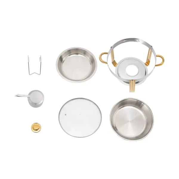 Estufa de comedor redonda dorada de 5 litros (se puede colgar la tapa de cristal) Juego de buffet redondo para frotar de acero inoxidable Estufa de comedor redonda dorada de 5 litros (se puede colgar la tapa de cristal) Juego de buffet redondo para frotar de acero inoxidable